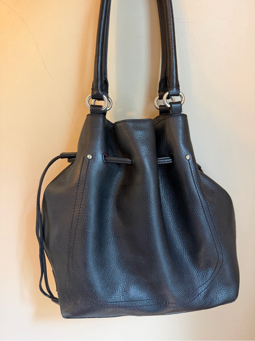 Cole Haan Black Pebbled Leather Drawstring Bucket Bag Shoulder Bag Purse